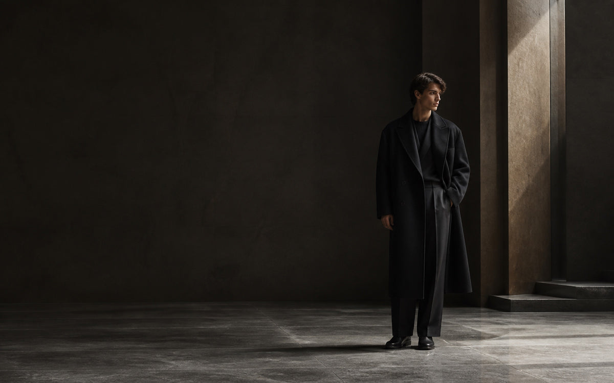 Original Meridian fashion campaign in a dark architectural gallery