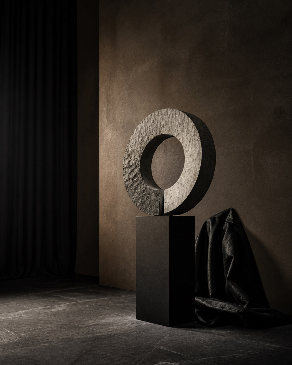 Original abstract stone sculpture in a dark gallery